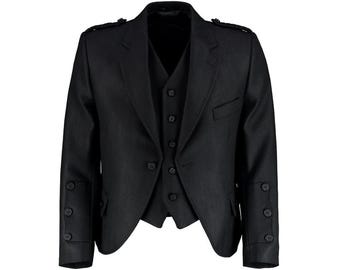 May include: A black formal jacket with a matching vest. The jacket has a notched lapel, button closures, and decorative buttons on the sleeves. The vest has a V-neck and button closures. The outfit is displayed on a white background.