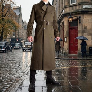 May include: A long, olive green double-breasted trench coat featuring a wide collar, a matching fabric belt with a rectangular buckle, long sleeves with adjustable cuff straps, and dark buttons, worn over black trousers and black dress shoes.