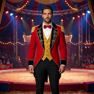 May include: A ringmaster costume featuring a red tailcoat with black lapels, gold braided trim, and gold fringe epaulets. The ensemble includes a mustard yellow vest, a white button-down shirt, a red bow tie, and black trousers.