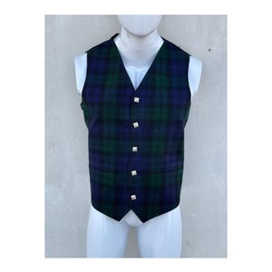 以下が含まれることがあります： 銀色のボタンが付いた黒と緑の格子柄のベスト。ベストはVネックでノースリーブです。