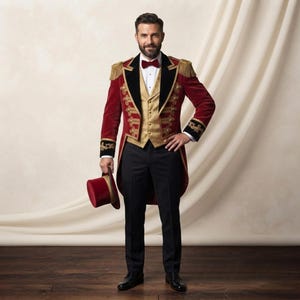 May include: A red velvet tailcoat with gold fringe epaulets and black lapels, worn over a gold patterned vest and white shirt with a red bow tie. The ensemble includes black trousers and a matching red velvet top hat held in one hand.