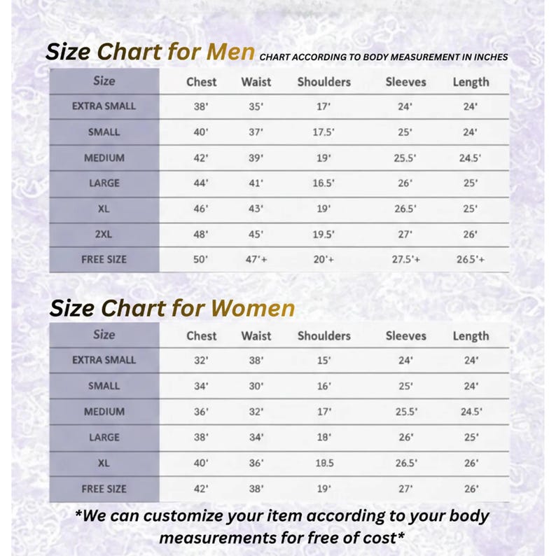 May include: A two-part size chart table with headers for Men and Women, listing measurements in inches for chest, waist, shoulders, sleeves, and length across sizes from extra small to free size, with a note about free customization.