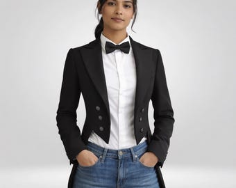 May include: A black tuxedo jacket with a white dress shirt and a black bow tie. The jacket has a tailored fit with decorative buttons and a split tail. The person is wearing blue jeans.
