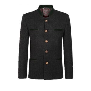 May include: A dark gray jacket with a green collar and five gold buttons. The jacket has a mandarin collar and two pockets.