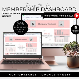 May include: A pink and grey Google Sheets membership dashboard template with a YouTube tutorial icon. The template includes charts and graphs to track membership growth, churn rate, and retention rate. The text "YOUR MEMBERSHIP IMAGE" is included in the template.