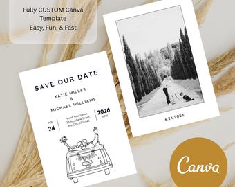 Plantilla personalizable para anunciar la fecha de la boda, editable en Canva (archivo digital).