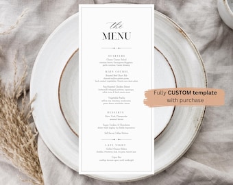 Plantilla de menú de boda personalizada, menú elegante para eventos (descarga digital)