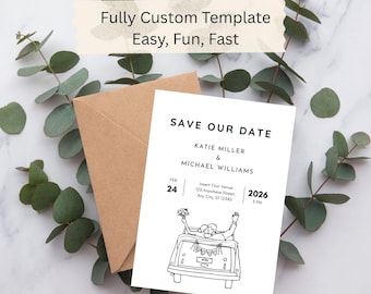 Plantilla minimalista para anunciar la fecha de la boda, diseño en blanco y negro (archivo digital)