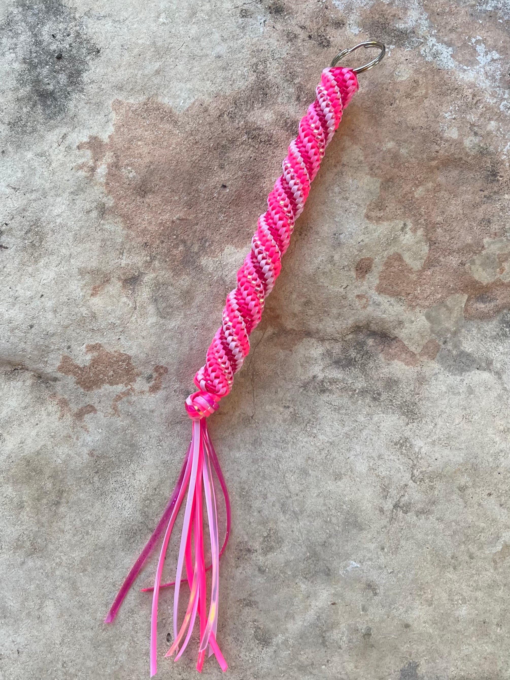 Boondoggle keychain, string keychain, plastic lacing key chain, blue, pink,  and white keychain, colorful keychain