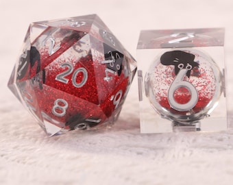Red Swirl Liquid Core Dice with Black Cat,  RPG Dice Set, DM Gifts, Nerdy Gifts, Dungeons and Dragons, Handmade Polyhedral Dice, Resin Dice