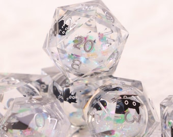 Conjunto de dados Crystal Cat Liquid Core para jogos de RPG, conjunto de dados de resina para D&D, conjunto de dados Galaxy Dungeons and Dragons para presentes de D&D