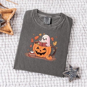 Comfort Colors® Ghost Reading Book Shirt,Bookish Halloween Shirt,Halloween Book Lover,Teacher Librarian Halloween Gift,Retro Ghost Fall Tee