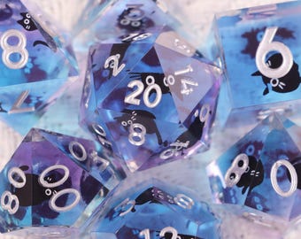 Black Cat Resin Dice,  RPG Dice Set, DM Gifts, Nerdy Gifts, Handmade Polyhedral Dice, Dungeons and Dragons