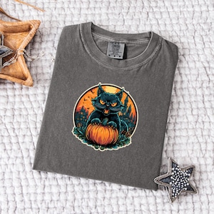 Black Cat & Pumpkins Shirt, Comfort Colors® Cat Halloween Tshirt, Retro Halloween Shirt, Black Cat Graphic Tee, Gift For Halloween