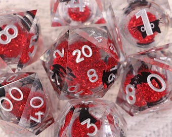 Red Swirl Liquid Core Dice with Black Cat,  RPG Dice Set, DM Gifts, Nerdy Gifts, Dungeons and Dragons, Handmade Polyhedral Dice, Resin Dice