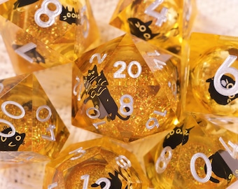 Yellow Swirl Liquid Core Dice with Black Cat, RPG Dice Set, DM Gifts, Nerdy Gifts, Dungeons and Dragons, Handmade Polyhedral Dice,Resin Dice