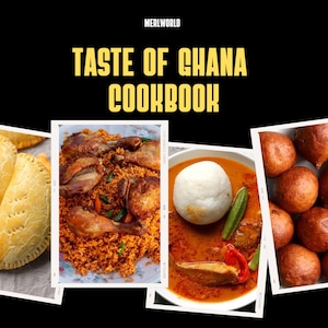 Könnte beinhalten: Ein Kochbuch mit dem Titel "Taste of Ghana Cookbook" mit Bildern von drei verschiedenen Gerichten: gebratenes Hähnchen mit Reis, ein Eintopf mit einer weißen Knödel und frittierten Teigbällchen.