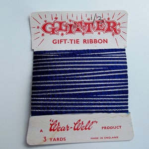 Vintage Navy Blue Glitter Gift-Tie Ribbon - 3 yardas en la tarjeta original