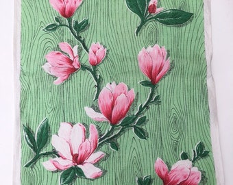 Vintage Kitsch Tea Towel - Green with pink lilies - 70s Psychedelic Tea Towel