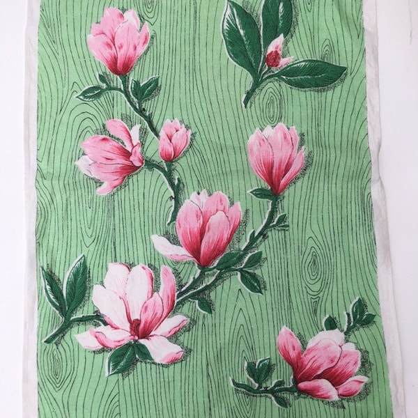 Vintage Kitsch Tea Towel - Green with pink lilies - 70s Psychedelic Tea Towel