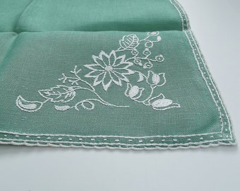 Vintage Tea Towel -Green and White  - White Embroidered Flowers on a Mint Green background