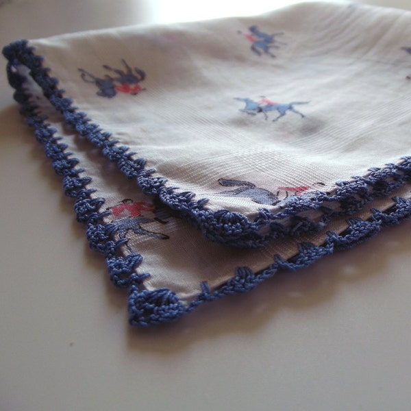 A Vintage Blue Crocheted Edged Cotton Lawn Handkerchief - Dainty Ladies' Hanky