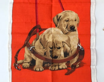 Vintage Kitsch Tea Towel - guide dog puppies on a Bright Orange Background
