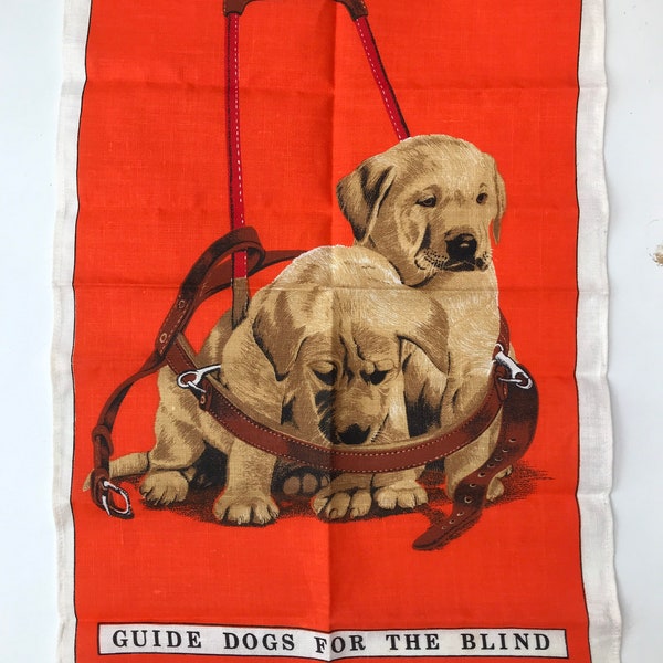 Vintage Kitsch Tea Towel - guide dog puppies on a Bright Orange Background