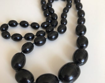 Vintage necklace - black self strung plastic beads - Costume Jewelry