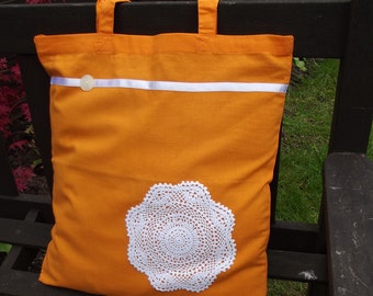 Vintage Lace covered Tote Bag - useful reusable shopping bag - Brighton - Orange and cream Mandala Circle