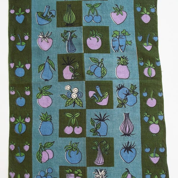 Vintage Kitsch Tea Towel - Vegetables - Mushrooms, Carrots, Cherries, Strawberries and Pineapples -  70s Psychedelic Tea Towel - Old Bleach