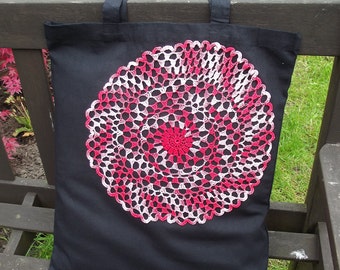 Vintage Lace covered Tote Bag - useful reusable shopping bag  - Raspberry Ripple - black and red Mandala Circle