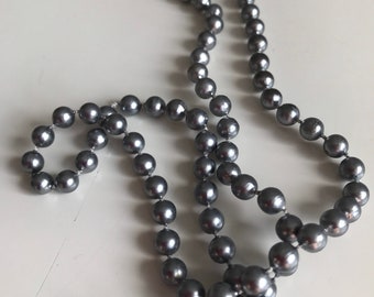 Vintage necklace - metallic soft grey self strung plastic beads - Costume Jewelry