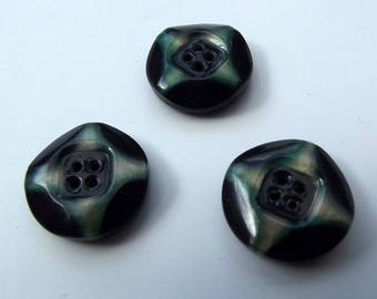 Vintage Buttons - Small Pearlescent Black and Green Buttons- set of 3