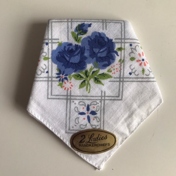 Pair of Vintage Floral Cotton Lawn Handkerchiefs - Dainty Ladies' Hanky