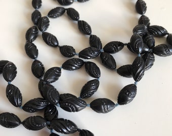 Vintage necklace - black self strung plastic beads - Costume Jewelry