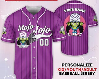 Personalize Mojo Jojo Jersey Violet White, Funny Powerpuff Girls 90s Cartoons, Retro Power Puff Girls Family Jersey, Birthday Gift For Fans