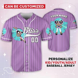Personalizuj Bliss Jersey Violet Black, Zabawne Powerpuff Girls 90s Cartoons, Retro Power Puff Girls Family Jersey, Prezent urodzinowy dla fanów