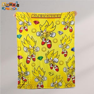 Personalized Super Sonic Hedgehog Fleece Blanket – Custom Name Disney Throw for Kid, Birthday Gift, Baby Shower, Gift for Boy and Girl