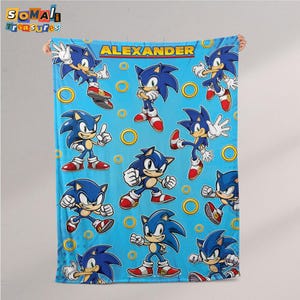 Personalized Blue Sonic Hedgehog Fleece Blanket – Custom Name Disney Throw for Kid, Birthday Gift, Baby Shower, Gift for Boy and Girl
