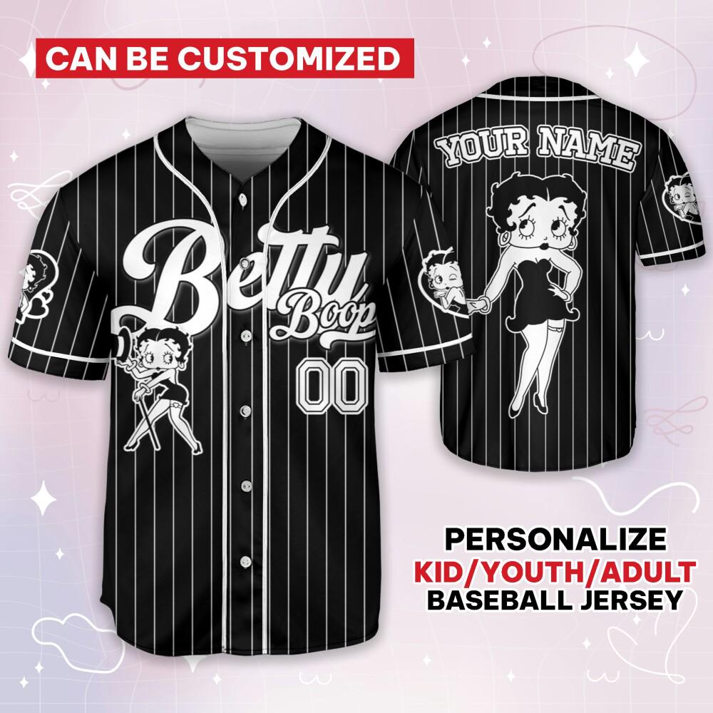 Custom Cartoon Betty Boop Black Simple, Betty Boop Baseball Jersey, Funny Movie Cartoon Gift For Fans, Custom Name Shirt, Birthday Gift