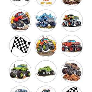 May include: A selection of circular illustrations showcasing monster trucks in diverse colours, such as green, blue, red, and orange. Some images depict trucks with flames or on rocky ground. One circle features the text "Monster Trucks Are My Jam."
