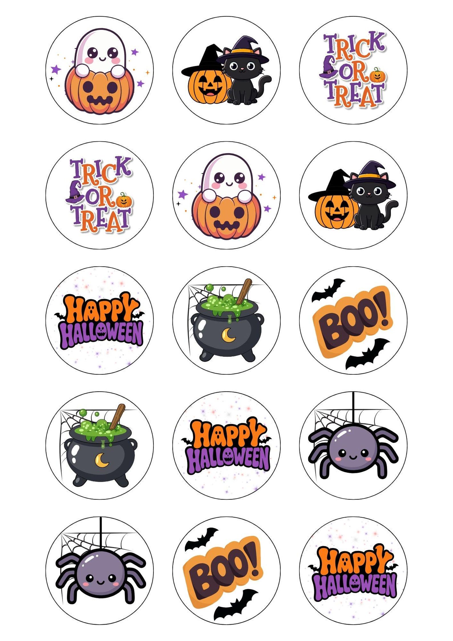 Small Cartoon Characters in a Round Set Printable circular Halloween toppers with cartoon ghosts, pumpkins, spiders and short greetings.