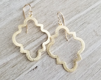 Quatrefoil Earrings, Gold Earrings, Moroccan Earrings, Everyday Earrings, Gold Brushed Earrings, Gift for Her, Dangle Drop Earrings