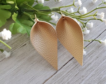 Gold Leather Earrings, Folded Leaf Gold Earrings, Dangle Leather Earrings, Gift for Her, Teardrop Leather Earrings