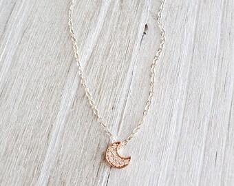 Tiny Rose Gold CZ Moon Necklace, Moon Necklace, Dainty Necklace, Sterling Silver, Layering Necklace, Gift for Her, Minimalist Jewelry