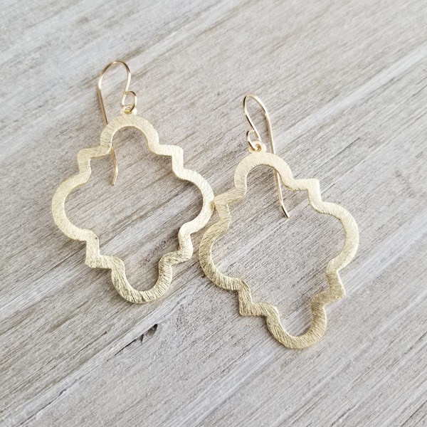 Quatrefoil Earrings, Gold Earrings, Moroccan Earrings, Everyday Earrings, Gold Brushed Earrings, Gift for Her, Dangle Drop Earrings