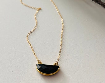 Gold Black Onyx Necklace, Layering Necklace, Minimalist Necklace, Half Moon Necklace, Gift for Her