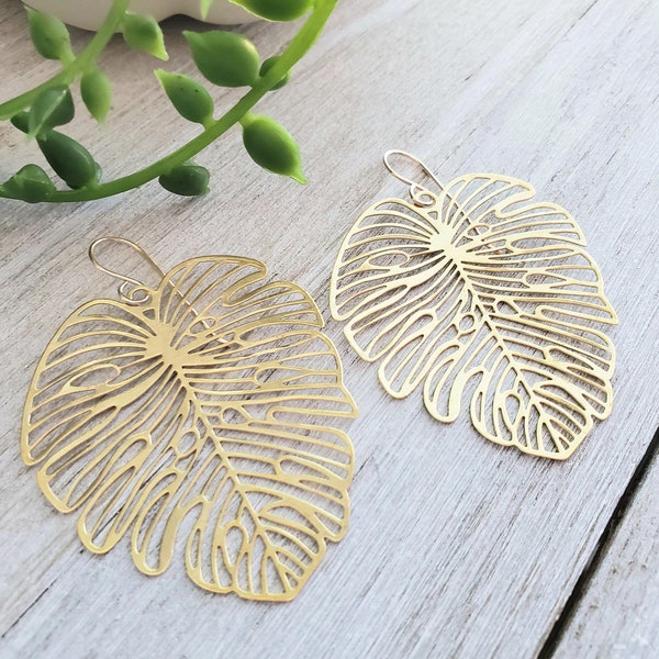 Monstera Leaf Earrings, Raw Brass Leaf Earrings, Statement Earrings, Long Dangle Leaf Earrings, Botanical Earrings, Boho Earrings