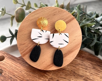 Boho Earrings, Handmade Clay Earrings, Black White Earrings, Dangle Earrings, Hypoallergenic